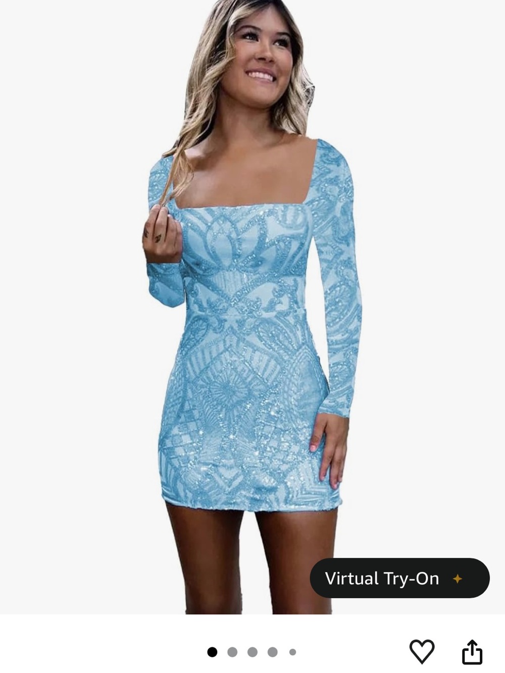 Square Neck Long Sleeve Sequin Mini Dress - Light Blue
